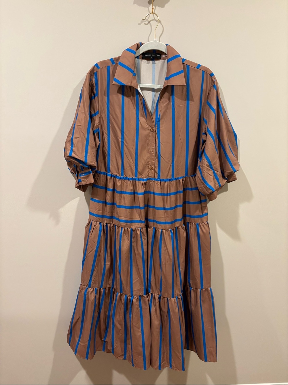 English Factory Tan Midi Dress with Bright Blue Stripes